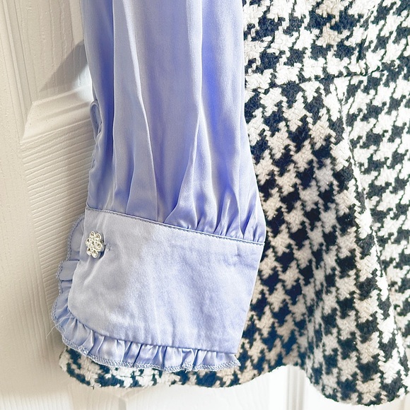 ZARA Satin Blue Ruffled Blouse with Black Shearling Jacket - Picture 4 of 4